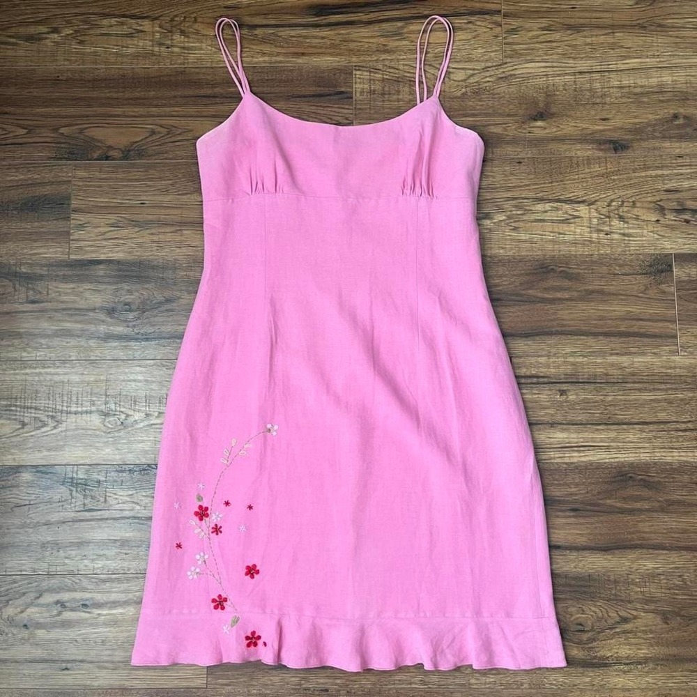 Vintage Pink Midi Dress Floral Embroidery Beading Ruffle Hem Women Fairy Small